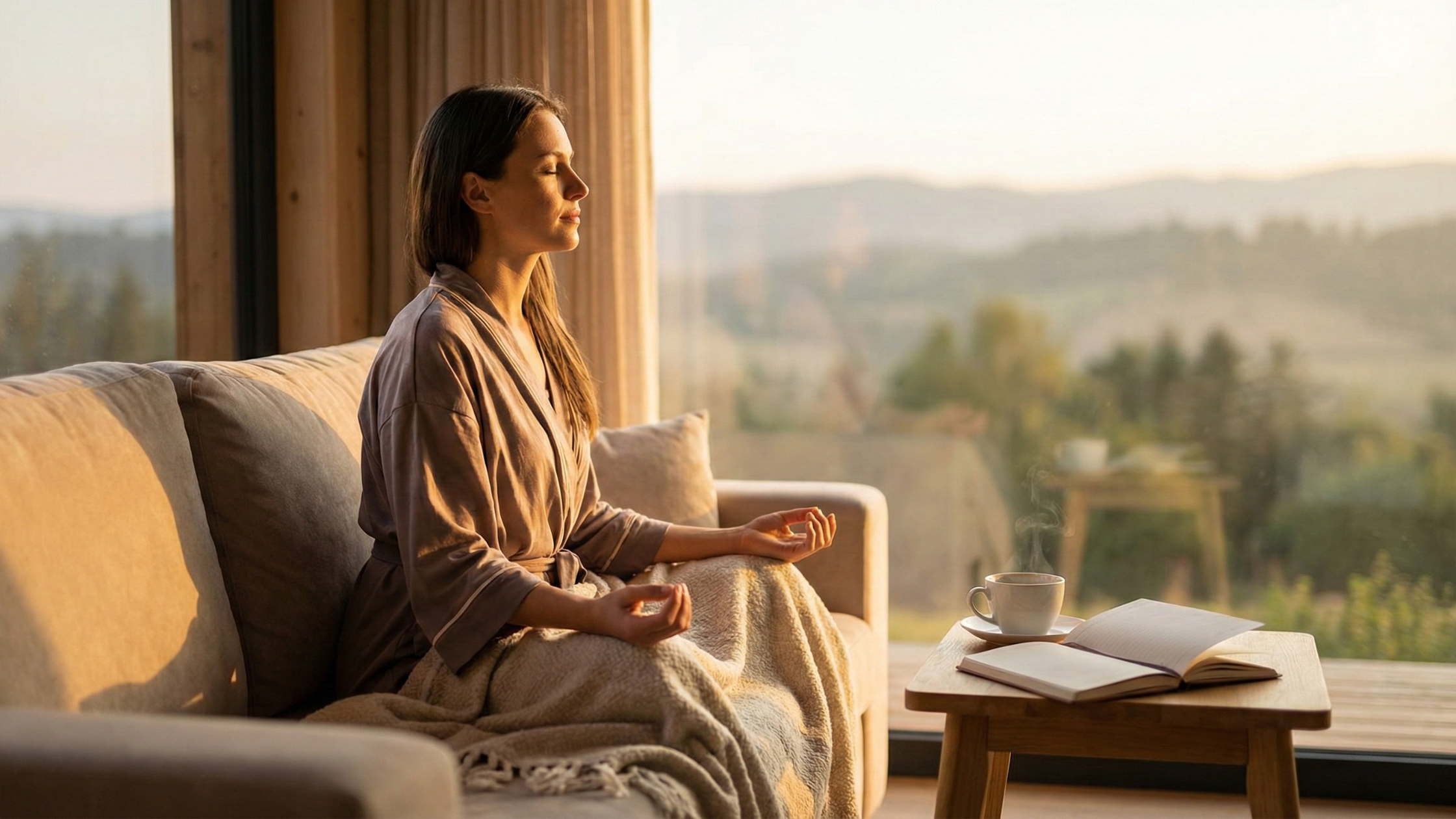 Woman sitting on a sofa by a large window at sunrise, eyes closed and hands resting on her knees in meditation pose, with a journal and cup of tea nearby, representing brain exercises for success and mental clarity.