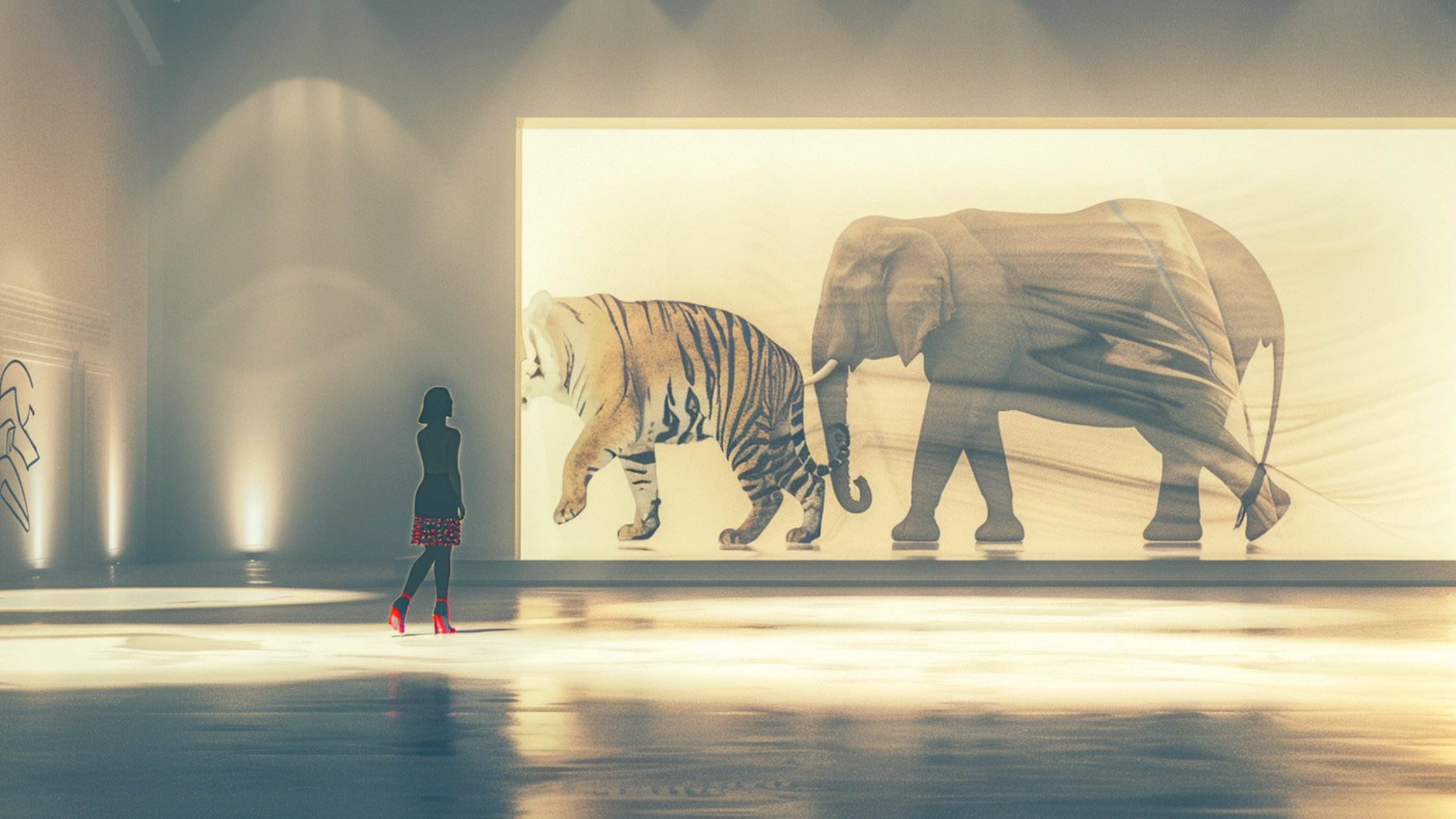 "A silhouette of a woman walking away from a dimly lit area towards a bright, luminous screen displaying powerful images of a tiger and an elephant. This visual metaphor illustrates the transition from a 'Comfort Zone to Growth Zone,' encouraging readers to move away from the familiar and embrace the expansive possibilities of personal and professional growth.