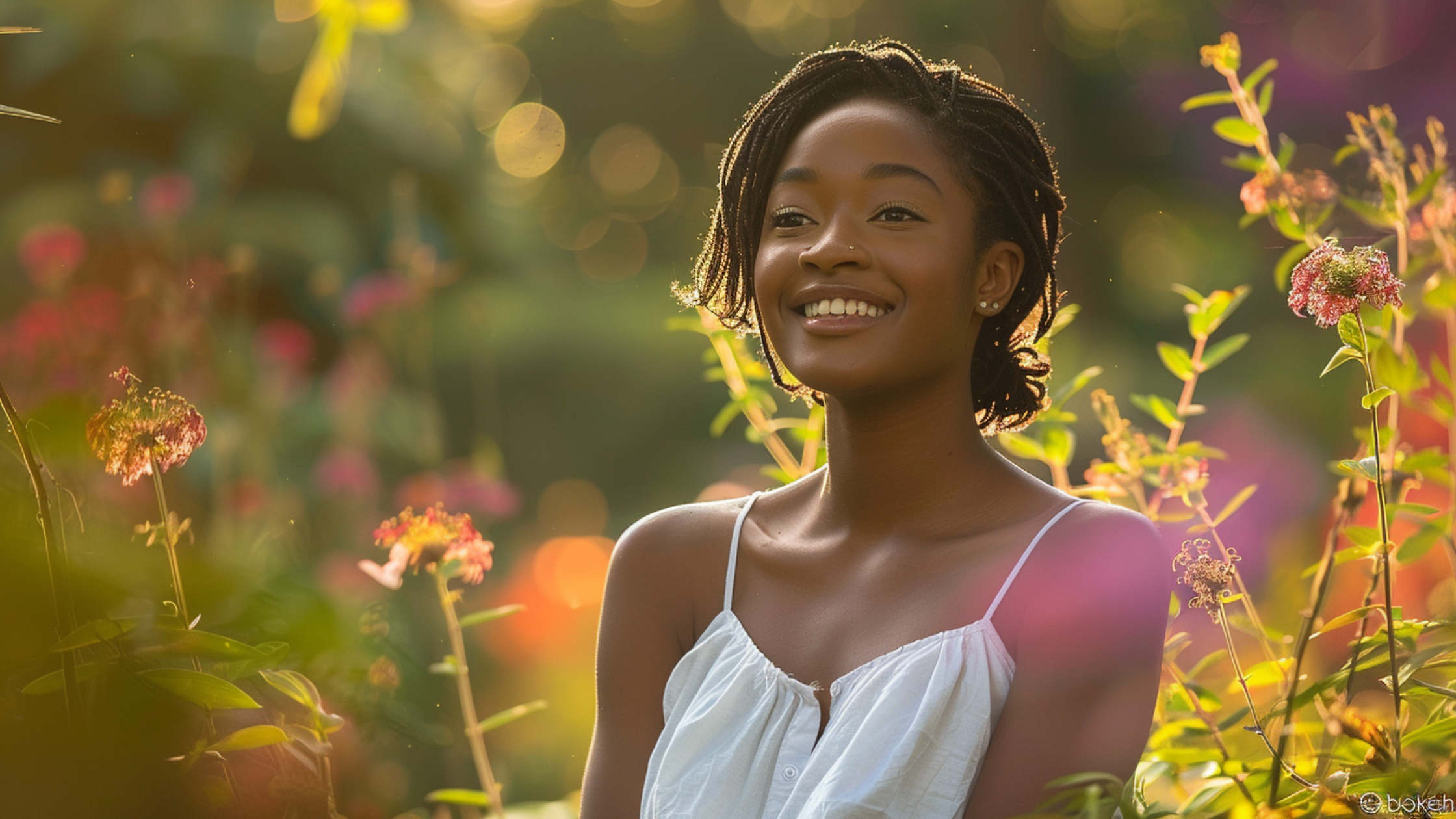 Visual Goal Setting: A smiling woman standing in a sunlit garden surrounded by blooming flowers, representing clarity, positivity, and envisioning future success through intentional focus and mindset.