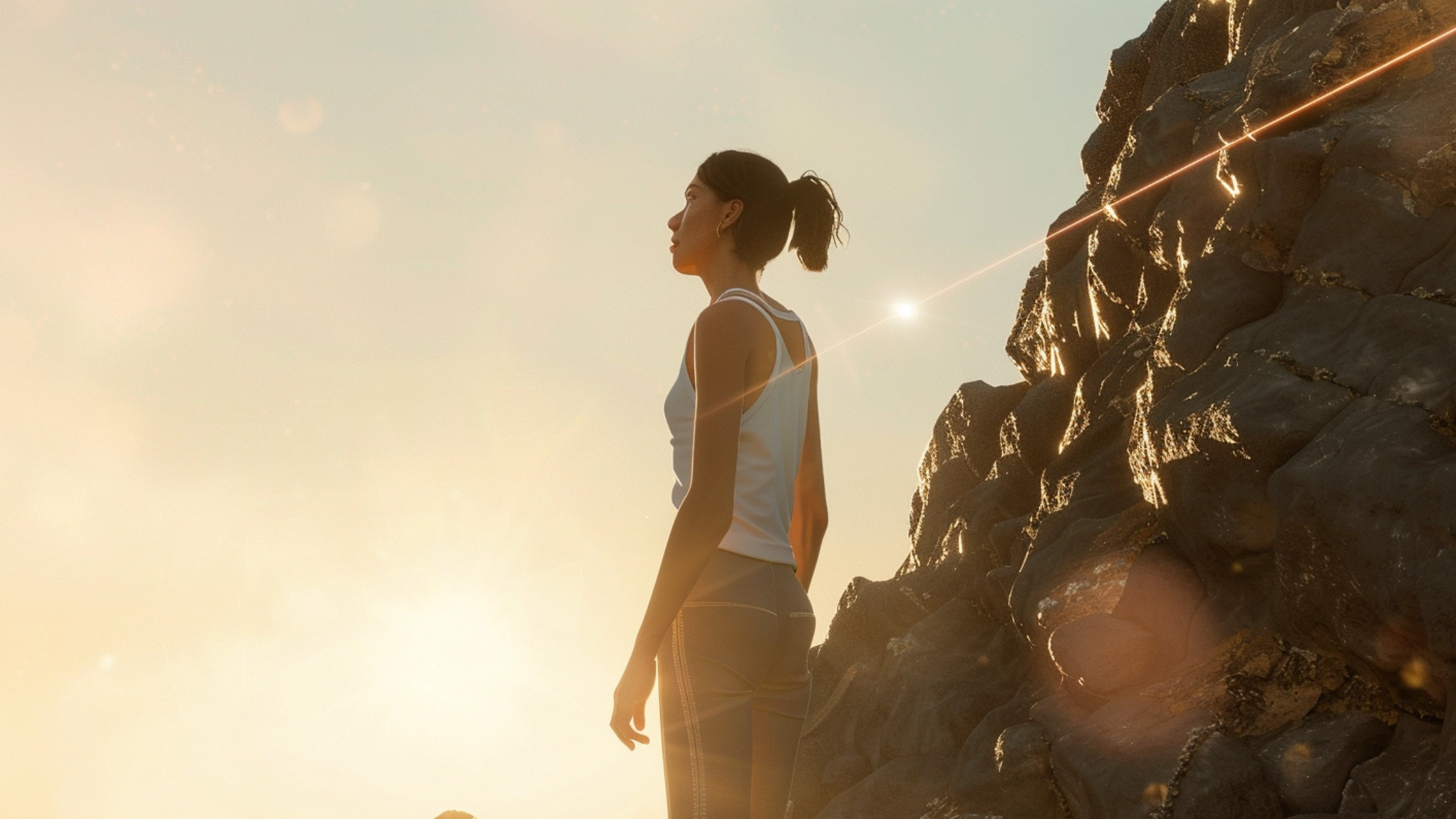 Woman standing on a rocky cliff at sunrise, reflecting on clarity and confidence while developing Business Intuition for making aligned decisions in leadership and entrepreneurship.