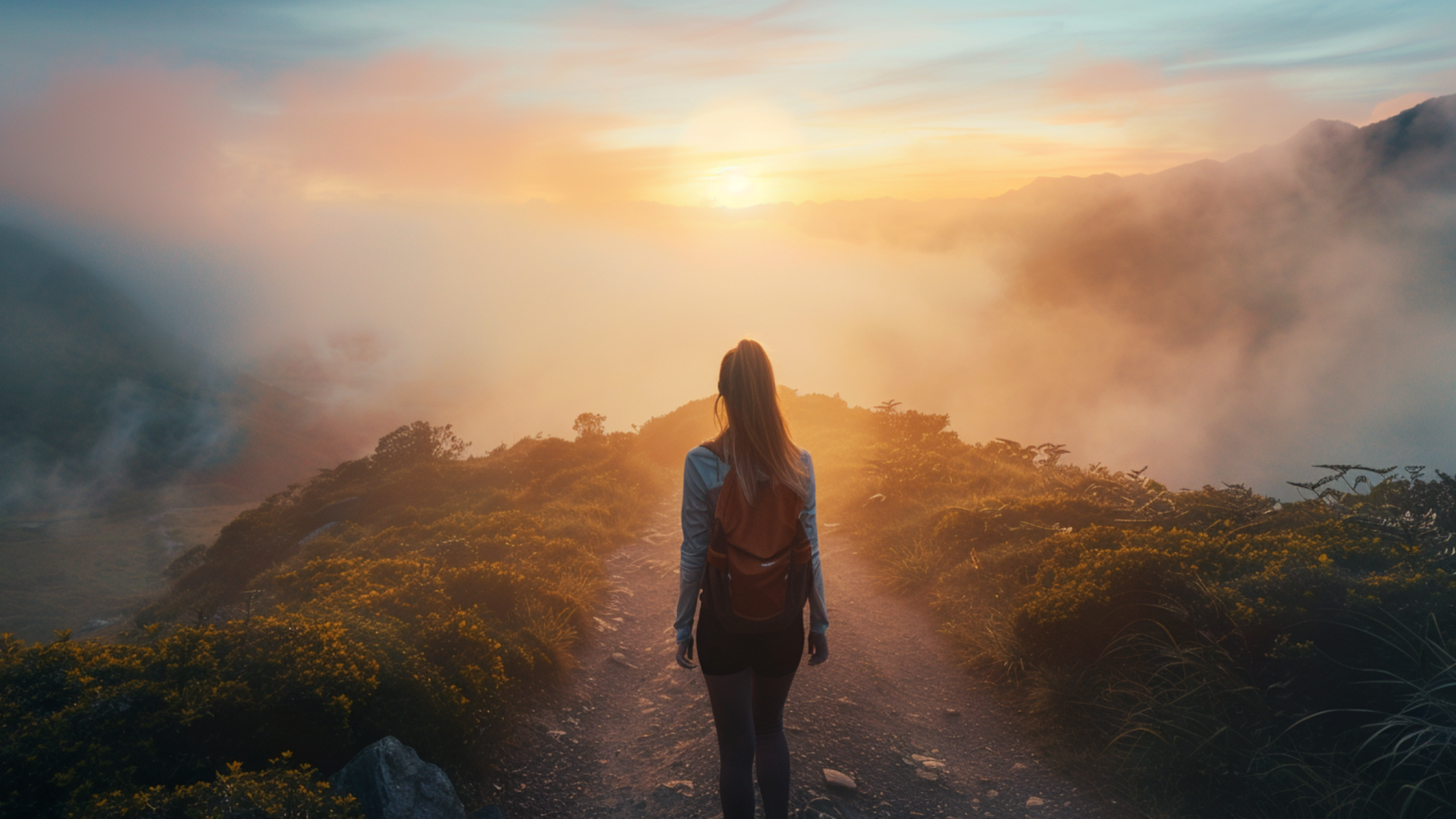 A woman with a backpack stands on a mountain trail overlooking a misty valley at sunrise, representing the clarity and vision gained when overcoming entrepreneurial fear.