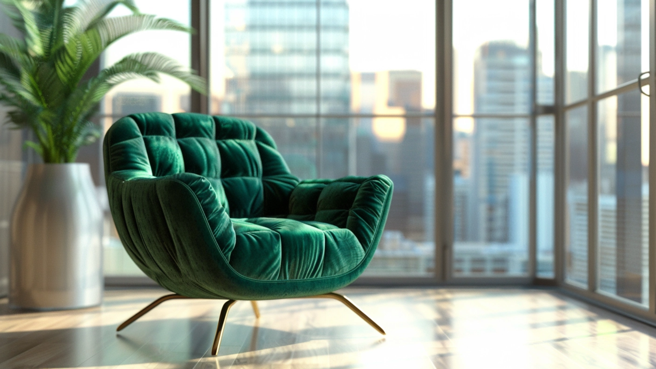 Green velvet armchair in a bright modern apartment with large windows overlooking a city skyline, symbolizing reflection, clarity, and self-loyalty for entrepreneurs building a business aligned with their values.