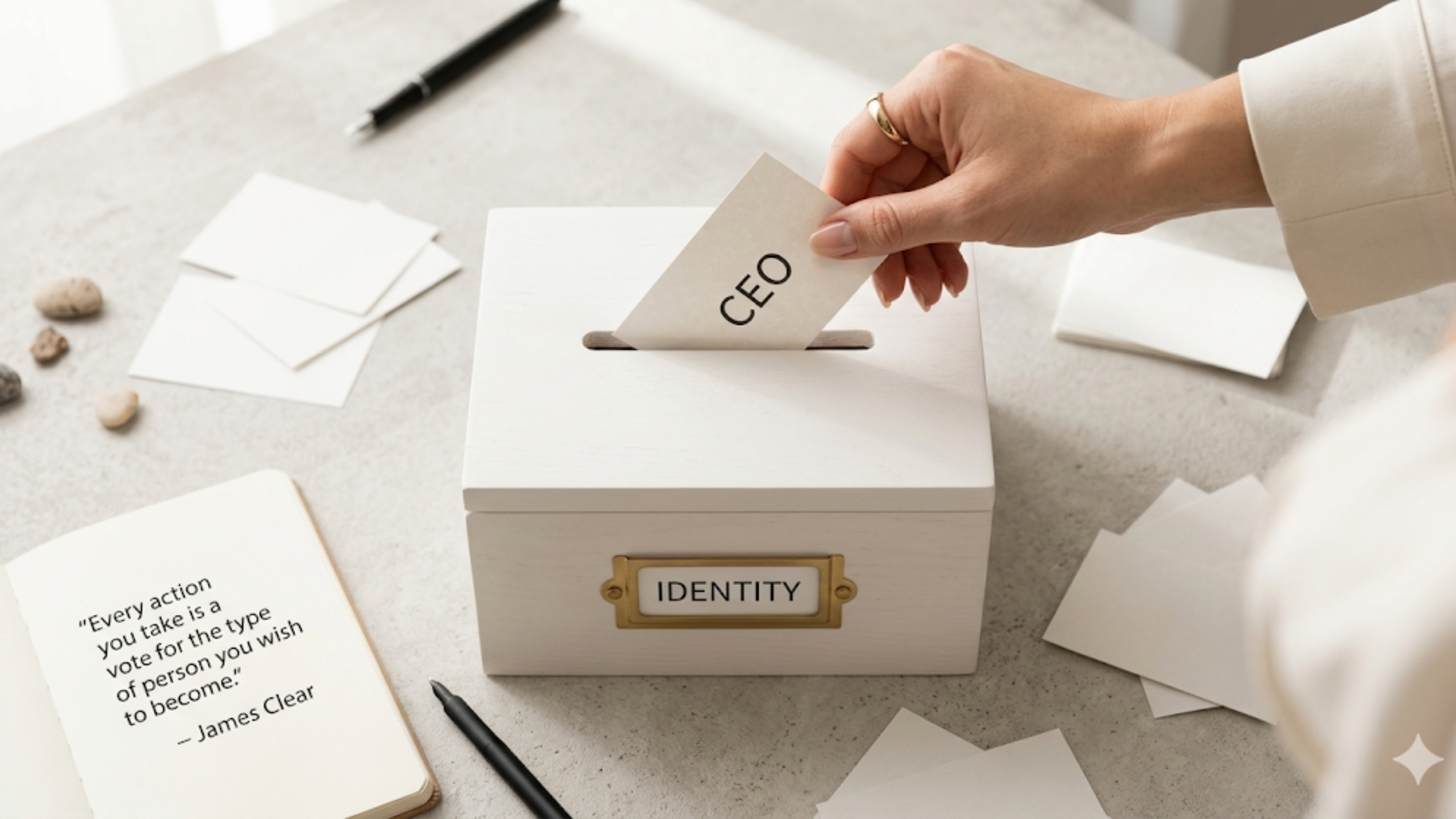 A hand placing a card labeled "CEO" into a white box marked "IDENTITY" next to a James Clear quote about taking action, illustrating the identity-first approach of the Commit-Be-Do Framework.