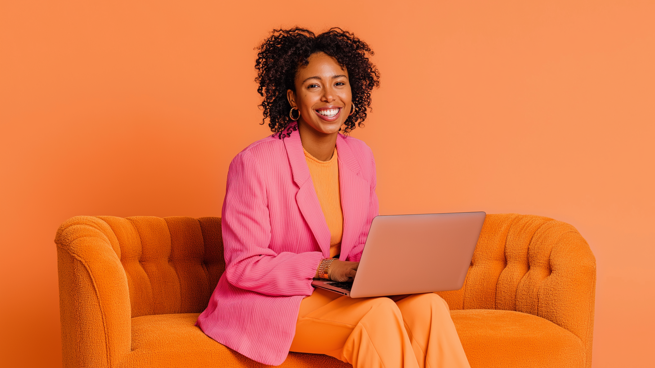 Entrepreneur sitting on a bright orange couch working on a laptop, representing the LIVE BIG framework for entrepreneurs focused on growth, clarity, and building a bold business vision.