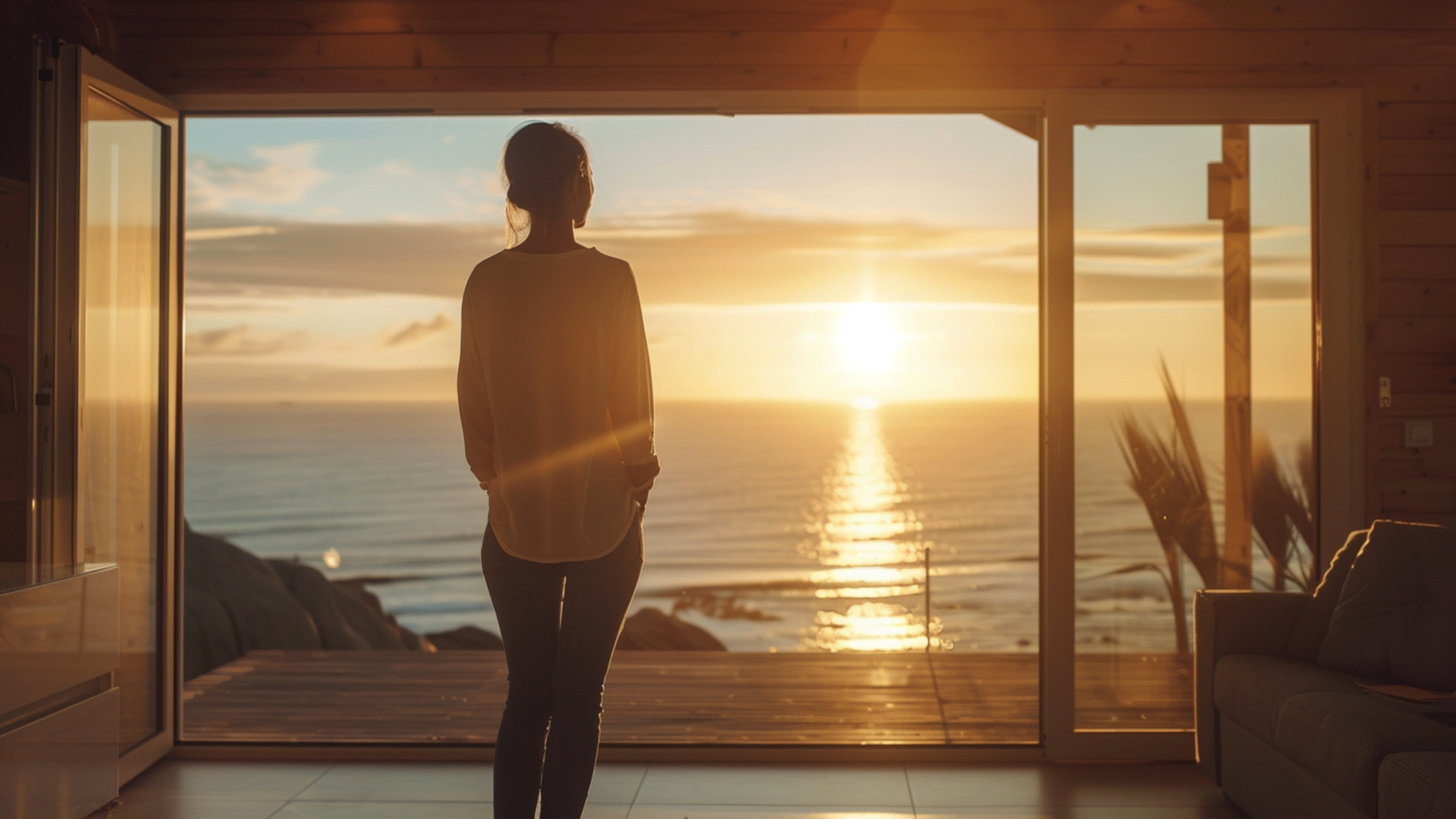 Entrepreneur identity transformation — woman standing at sunrise window reflecting on her CEO mindset and business vision
