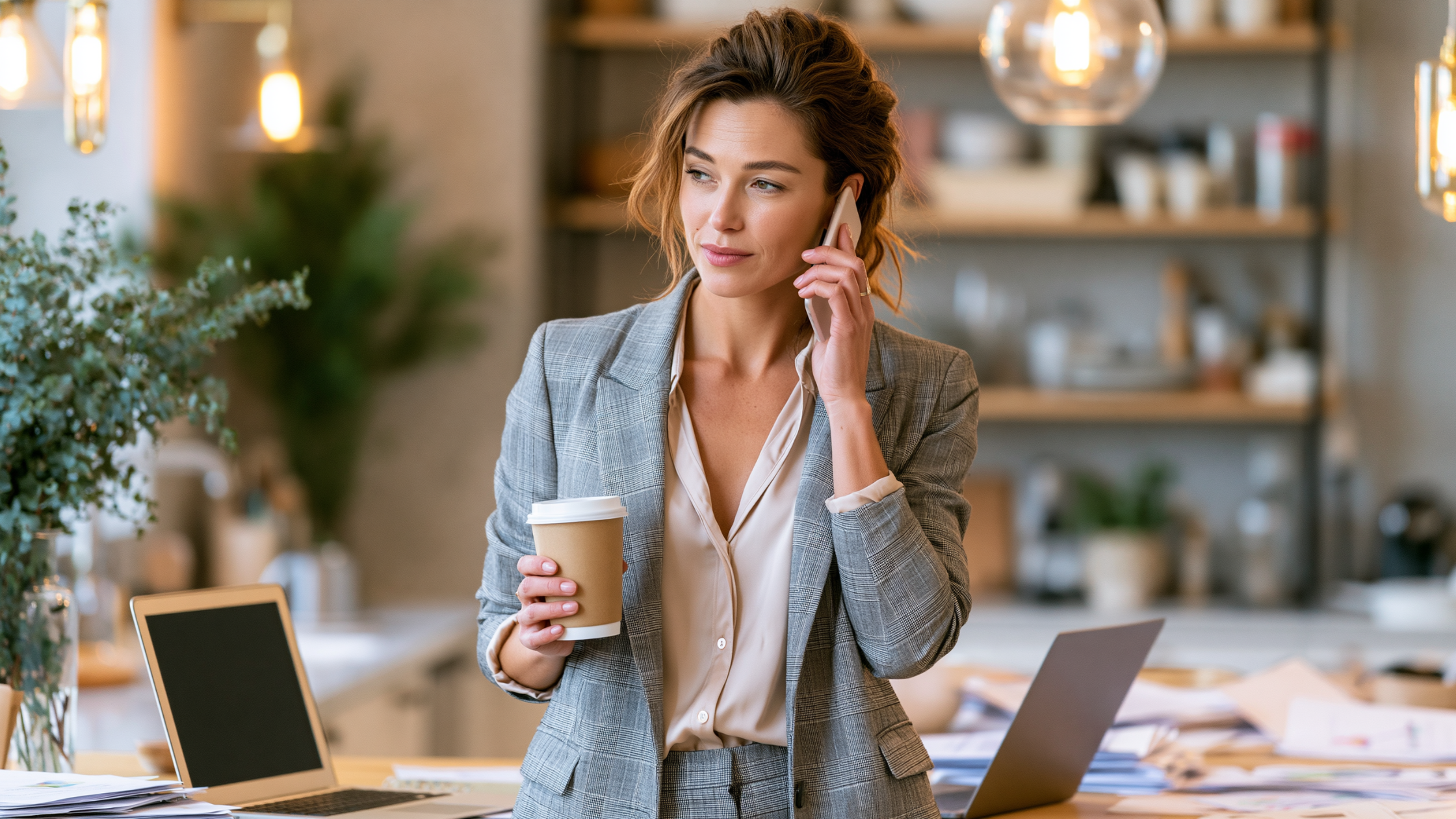 Overwhelmed woman multitasking at a cluttered desk, caught in the glorifying busyness trap