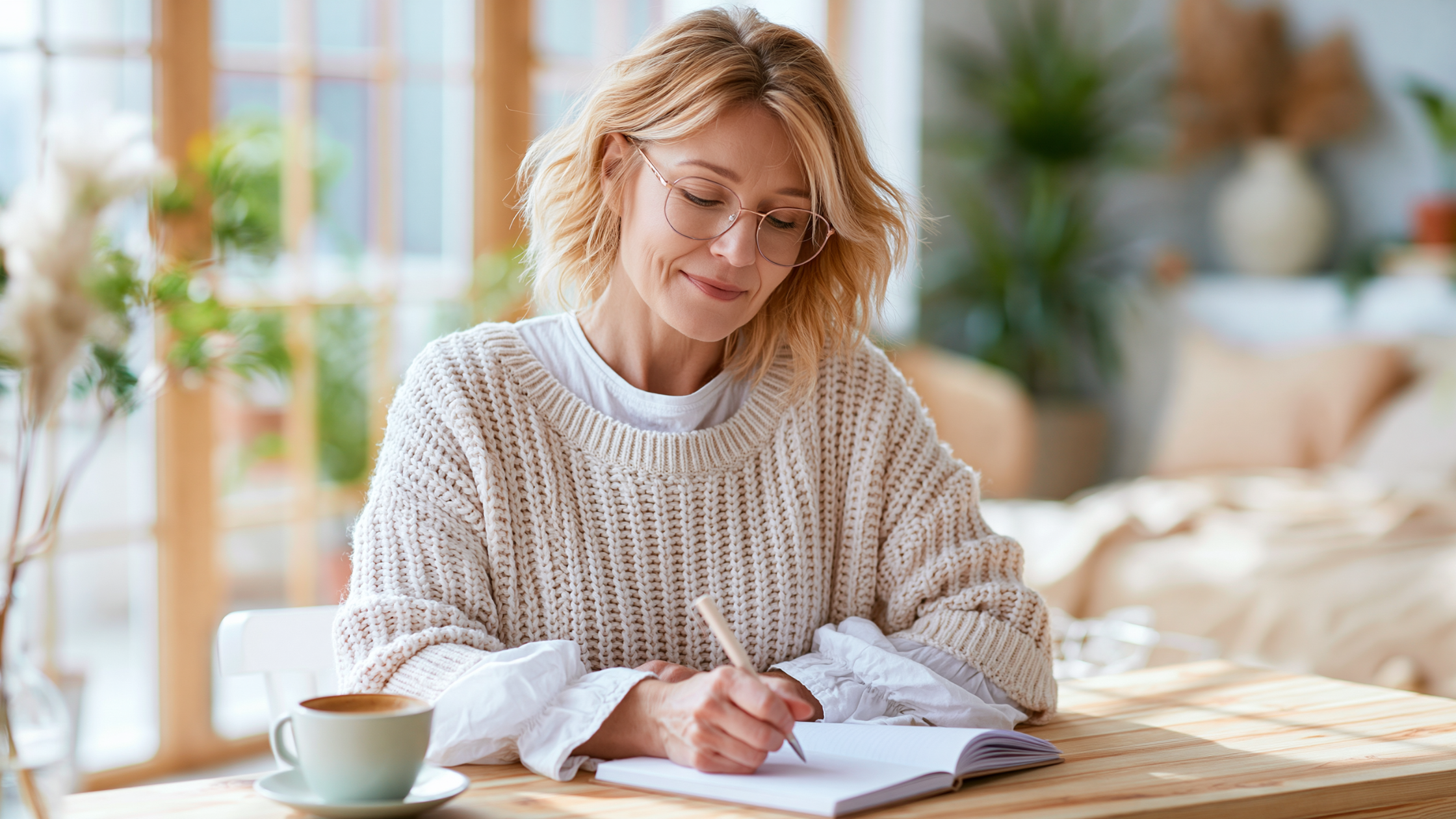 Confident woman entrepreneur working calmly at a sunlit desk, free from burnout