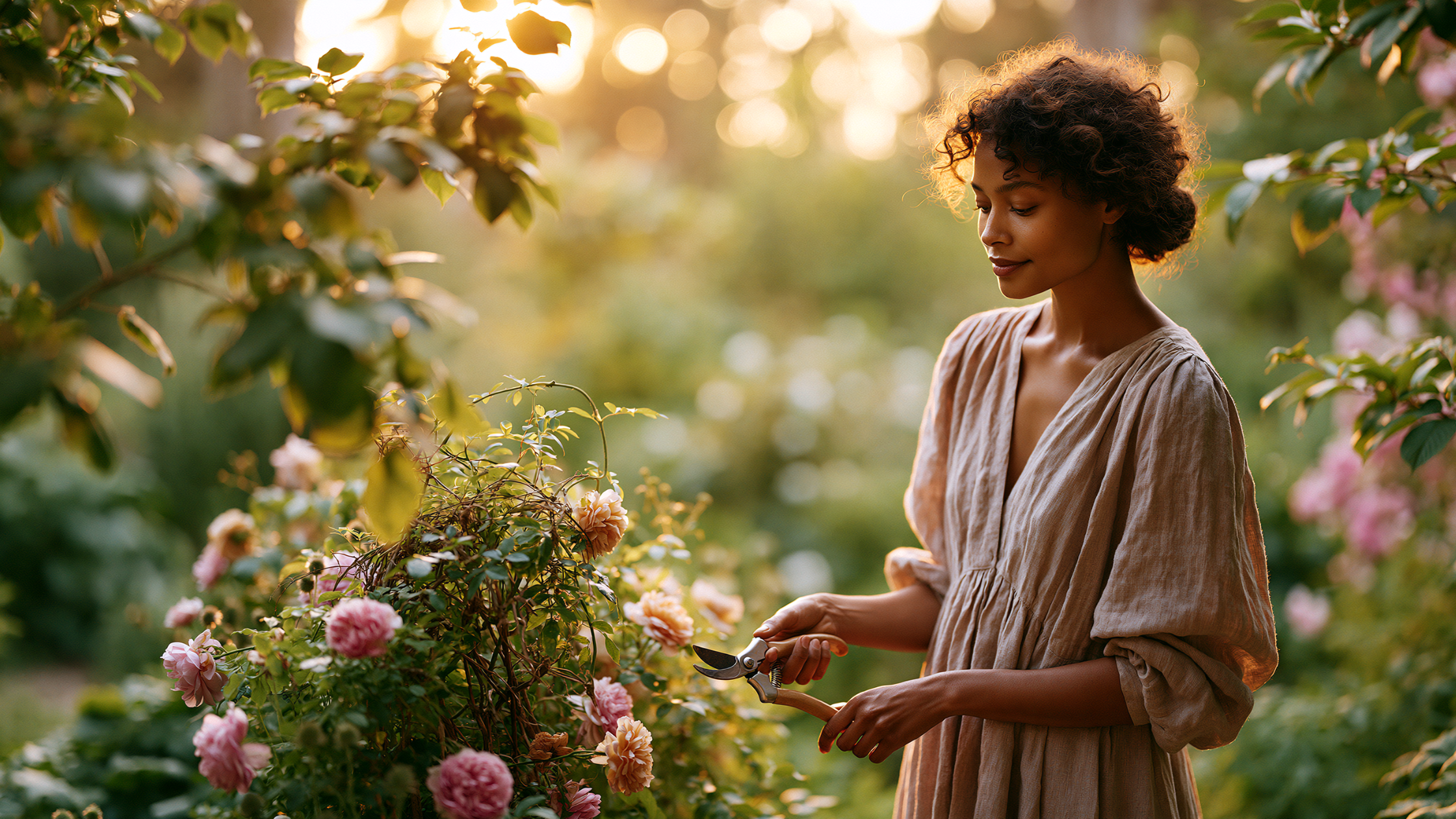 Woman practicing strategic pruning by cutting back an overgrown garden in golden light